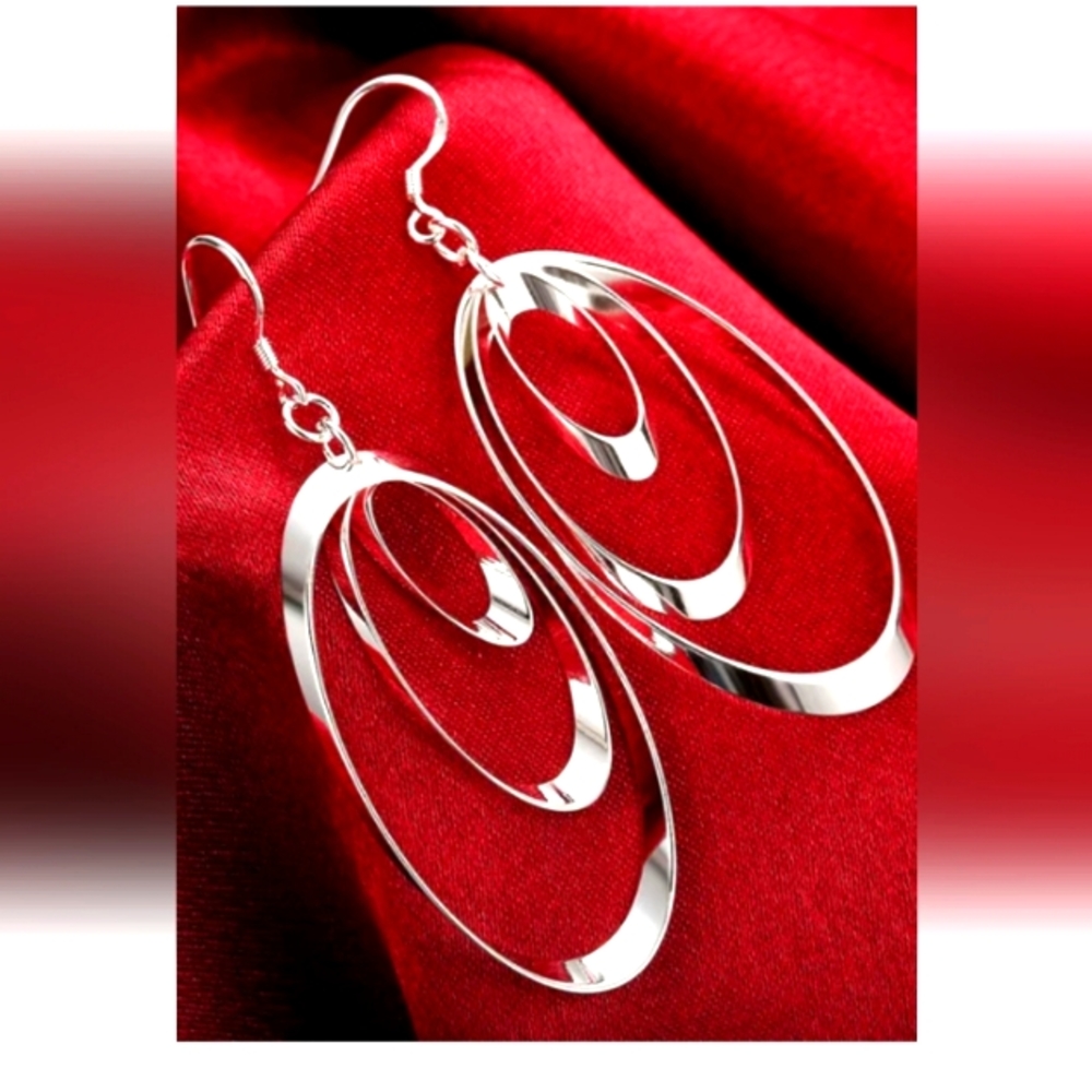 STERLING TRIPLE OBLONG CIRCLE DANGLE EARRINGS 2 IN